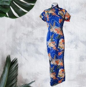 Vintage Hawaiian Blue Floral Cheongsam Dress